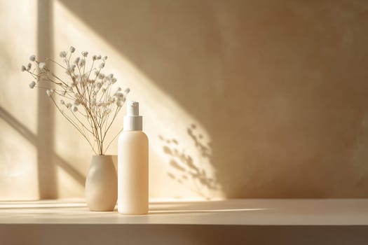 A minimalist display features a creamy bottle next to a vase holding dried flowers, illuminated by soft sunlight.