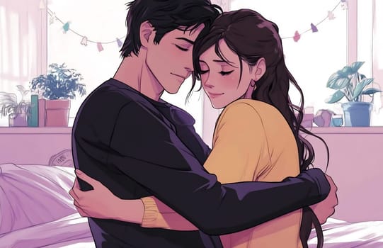 A young couple shares a warm embrace in a bright, cozy bedroom filled with plants and soft lighting.