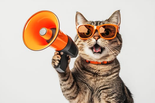 A playful cat donned in orange sunglasses enthusiastically holds a megaphone, adding humor to the scene in a bright setting.