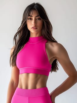 A fit woman poses in pink activewear, showcasing strength and confidence in a well-lit studio setting.
