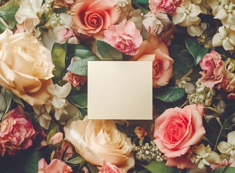 A vibrant arrangement of fresh roses and other blooms surrounds a blank note, ideal for messages or reminders.