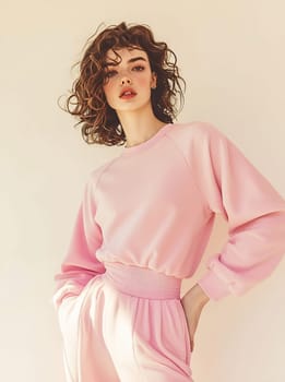 A young woman poses confidently in a chic pink ensemble, showcasing her curly hair and fashion sense in a bright, minimalistic setting.