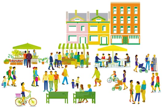 City silhouette with groups of people having leisure time in residential district, illustration