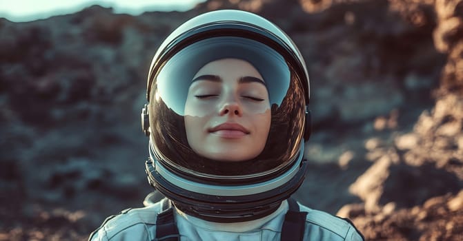 A serene astronaut with a reflective helmet stands on a stark, rocky terrain, embracing the tranquility of an otherworldly environment.