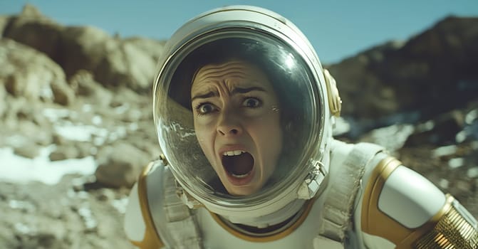 An astronaut expresses fear while exploring a desolate, rocky landscape under a clear sky, suggesting a tense situation.