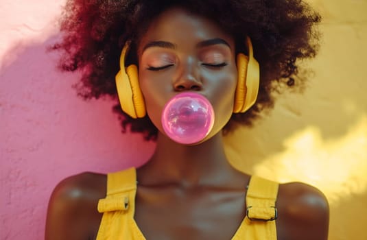 A young woman with curly hair and yellow headphones blows a pink bubble gum, smiling against a colorful backdrop.