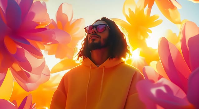 A young man in a hoodie stands amid vibrant, oversized flowers, basking in the warm glow of the sunset sky.