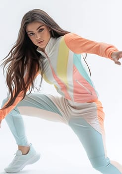 A young woman demonstrates a dynamic pose in colorful athleisure clothing, showcasing confidence in a well-lit indoor setting.