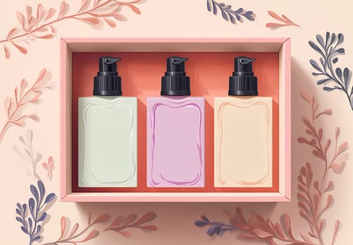 Three elegantly designed skincare bottles of different colors are arranged in a decorative box against a floral background.