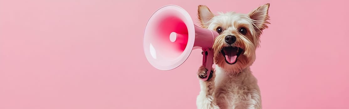A cheerful dog holds a pink megaphone, standing against a vibrant pink background, exuding joy and energy.