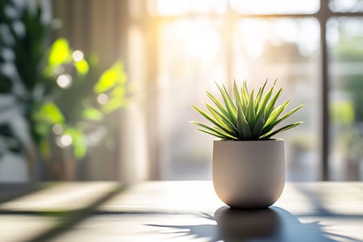 Sunlight streams through the window, highlighting a green potted plant on a table, creating an inviting and serene atmosphere.
