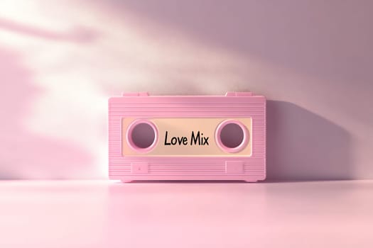 A pastel pink cassette tape labeled Love Mix rests on a soft surface, reflecting a vintage vibe perfect for music lovers.