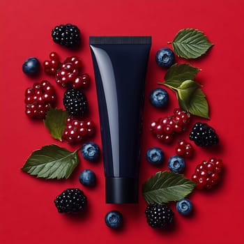 A skincare product is surrounded by an array of fresh berries and green leaves, creating a vibrant and appealing composition.