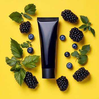 A skincare product is surrounded by fresh blackberries and blueberries, set against a vibrant yellow background.