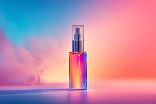 A colorful spray bottle stands against a stunning gradient backdrop of pink and blue hues, creating a visually striking display.