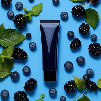 A skincare tube is surrounded by blackberries and blueberries on a bright blue surface, emphasizing a fresh and fruity aesthetic.