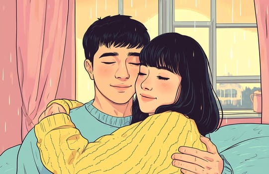 A couple enjoys a warm hug while sitting indoors, surrounded by a cozy ambiance and rain falling outside the window.