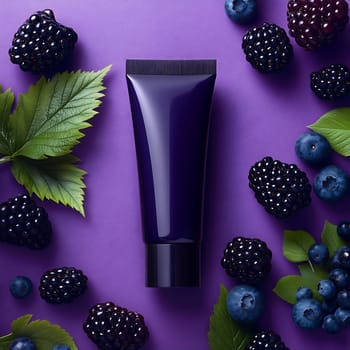 A dark tube of skin care lotion placed on a purple surface, surrounded by fresh berries and green leaves.