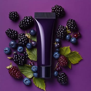 A vibrant purple tube of cream surrounded by fresh blackberries and blueberries on a rich purple background.