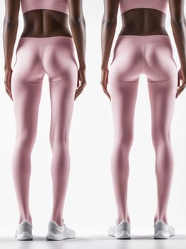 Two women showcase pink athletic leggings designed for fitness, demonstrating flexibility and comfort during a workout session.