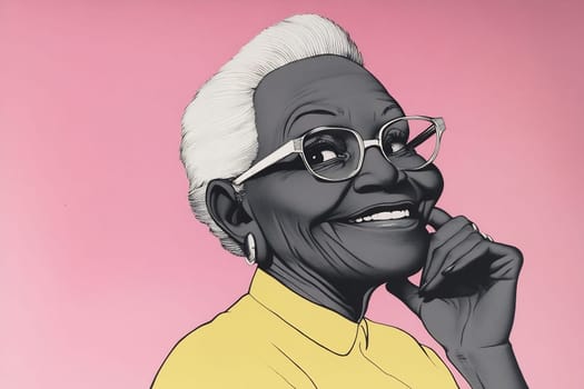 An elderly woman with glasses smiles warmly, showcasing her joyful expression against a pink background.