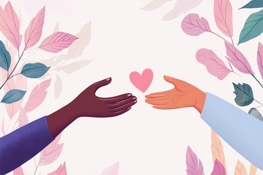 Two diverse hands reach toward each other, connecting through a heart symbol amidst a backdrop of leaves in soft colors.
