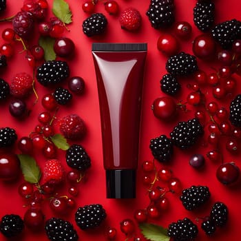 A vibrant arrangement of red and black berries surrounds a sleek tube, showcasing a berry-themed skincare product on a red background.