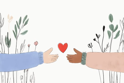 Two diverse hands extend towards a red heart among delicate plants, symbolizing connection and love in a serene setting.