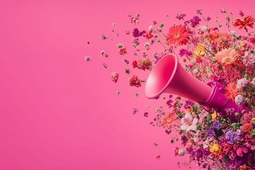 A vibrant pink megaphone surrounded by a burst of multicolored flowers against a bright pink background creates a lively and joyful atmosphere.