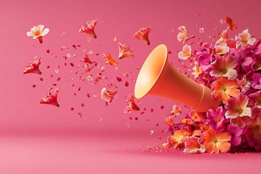 A colorful horn bursts with a variety of flowers, creating a lively and cheerful atmosphere against a pink background.