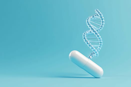 A DNA double helix floats above a white capsule in a minimalist blue background, symbolizing science and health innovation.