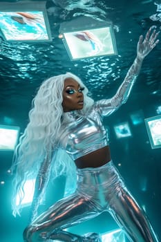A dancer in metallic attire gracefully moves underwater, surrounded by glowing screens in a surreal, vibrant atmosphere.