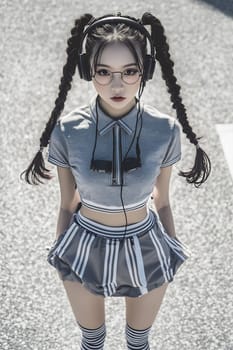 A stylish young woman with pigtails wears trendy clothing and headphones while enjoying music in an urban setting.