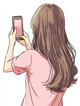 A young woman is holding her smartphone, preparing to take a selfie. Her long hair flows down her back as she poses.