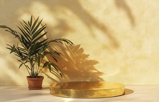 A golden round tray sits on a light surface next to a potted plant, casting interesting shadows against a textured yellow wall.