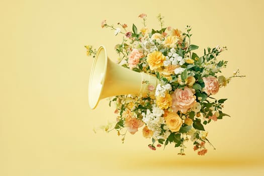 A vibrant arrangement of yellow and pink flowers bursts from a yellow megaphone against a bright background, showcasing creativity and joy.