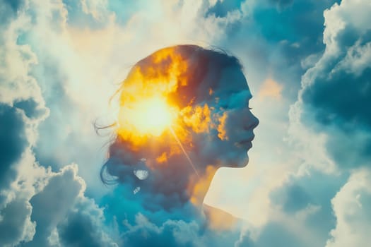 A silhouette of a woman is surrounded by vibrant clouds and sunlight, creating a dreamy, ethereal atmosphere of reflection.