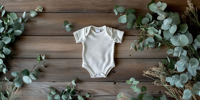A soft, neutral-colored baby onesie placed on a wooden surface, accented by lush greenery and subtle floral elements.