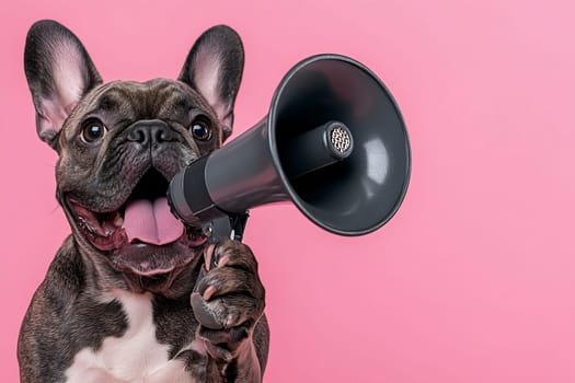 A cheerful French bulldog holds a megaphone, looking excited against a bright pink background, ready to share its message.