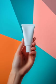 A hand is holding a white cream tube in front of a vibrant, geometric backdrop featuring orange, pink, and blue colors.