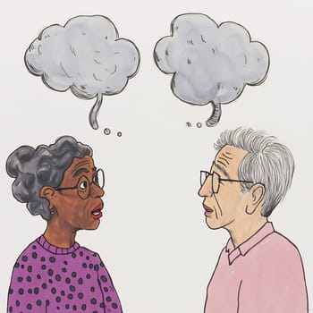 An elderly couple shares thoughts during a heartfelt conversation, each lost in their own reflections.