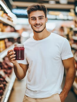 A young man smiles while holding a jar of juice in a grocery store aisle surrounded by fresh produce and products.