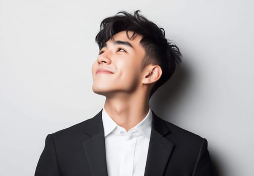 A young man dressed in a black suit and white shirt gazes upward with a smile against a light background, conveying a sense of optimism.