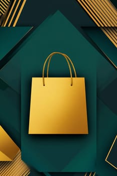 A stylish golden shopping bag rests against a rich teal and geometric backdrop, emphasizing modern design and luxury.