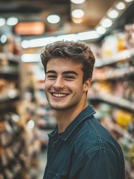 A cheerful young man stands in a grocery aisle, surrounded by shelves filled with various food items, enjoying a moment of joy.