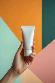 A hand displays a white cream tube in front of a vibrant, geometric background with pastel colors, emphasizing skincare products.