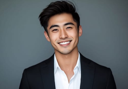 A young man dressed in a suit smiles confidently against a neutral background, showcasing warmth and approachability.