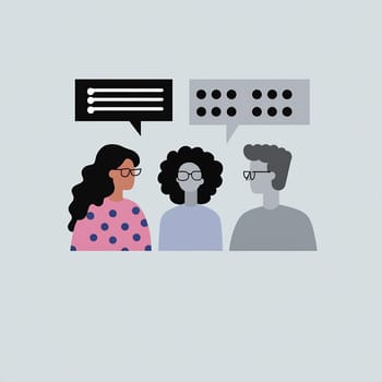 Three people engage in an animated conversation, sharing ideas with speech bubbles above them.