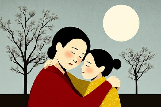 A mother and daughter share a warm embrace under a full moon, surrounded by bare trees on a serene night.