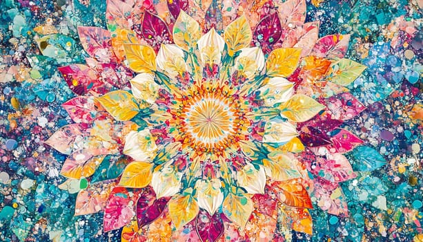 A vibrant mandala pattern made of colorful leaves and petals, creating a stunning floral effect on a textured background.